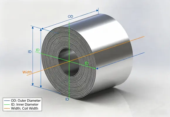 Steel coil weight calculation diagram showing outer diameter, inner diameter and width